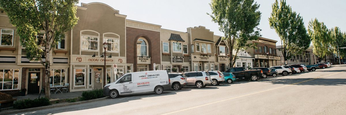 High Demand Heating service van on Montrose Avenue in downtown Abbotsford, British Columbia