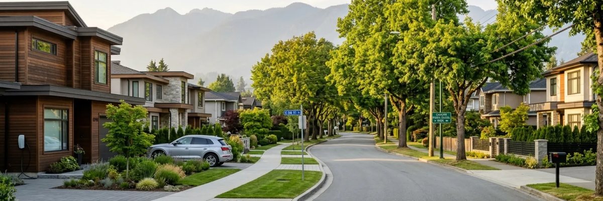 Residential neighbourhood and mountain view in Burnaby, British Columbia