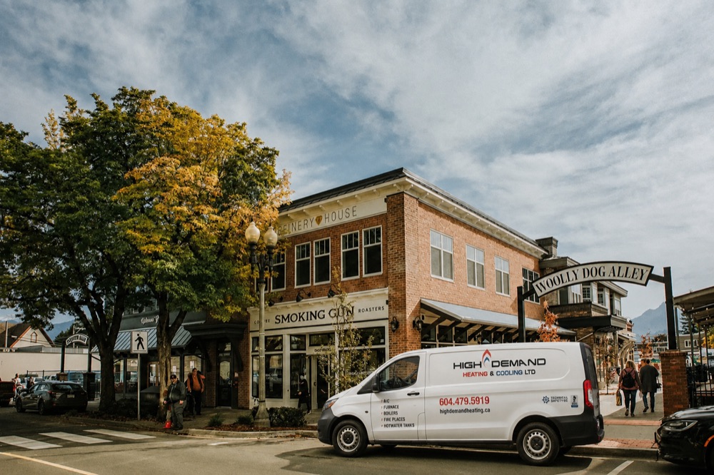 High Demand Heating service van near District 1881 in downtown Chilliwack