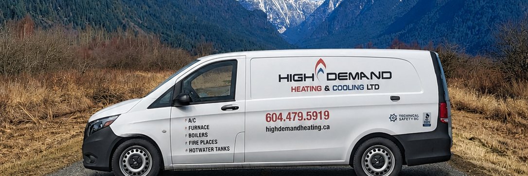 High Demand Heating service van with the mountains near Pitt Meadows, British Columbia