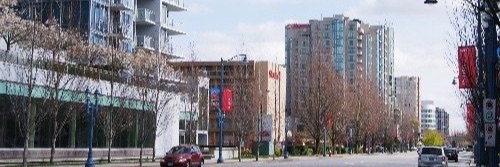 Urban streetscape and residential towers in Richmond, British Columbia